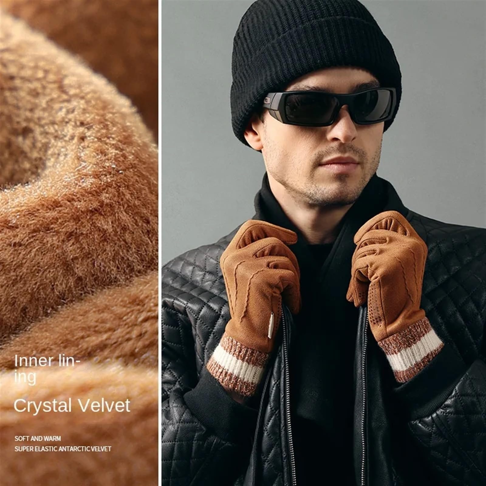 Guantes de Invierno cálidos de Gamuza for Hombre for Ciclismo al Aire Libre, Antideslizantes, antifrío, engrosados ​​y con Pantalla táctil de Piel for Hombre(Coffee)
