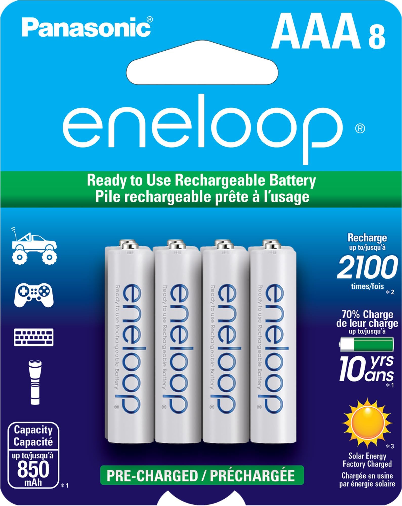 Panasonic BK-4MCCA8BA AAA 2100 Cycle Ni-MH Pre-Charged Rechargeable Batteries, 8-Battery Pack