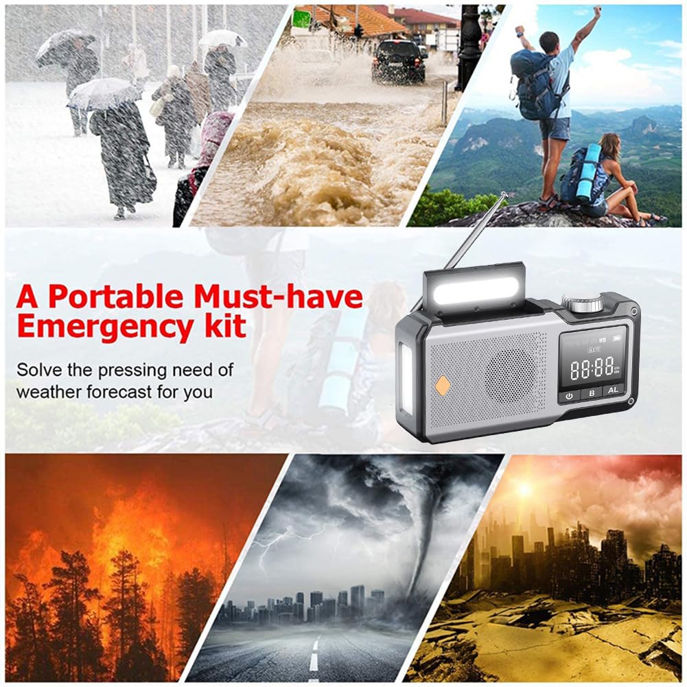 10000 mAh ręczne radio awaryjne AM/FM/WB Weather Radio solarne (kolor szary)