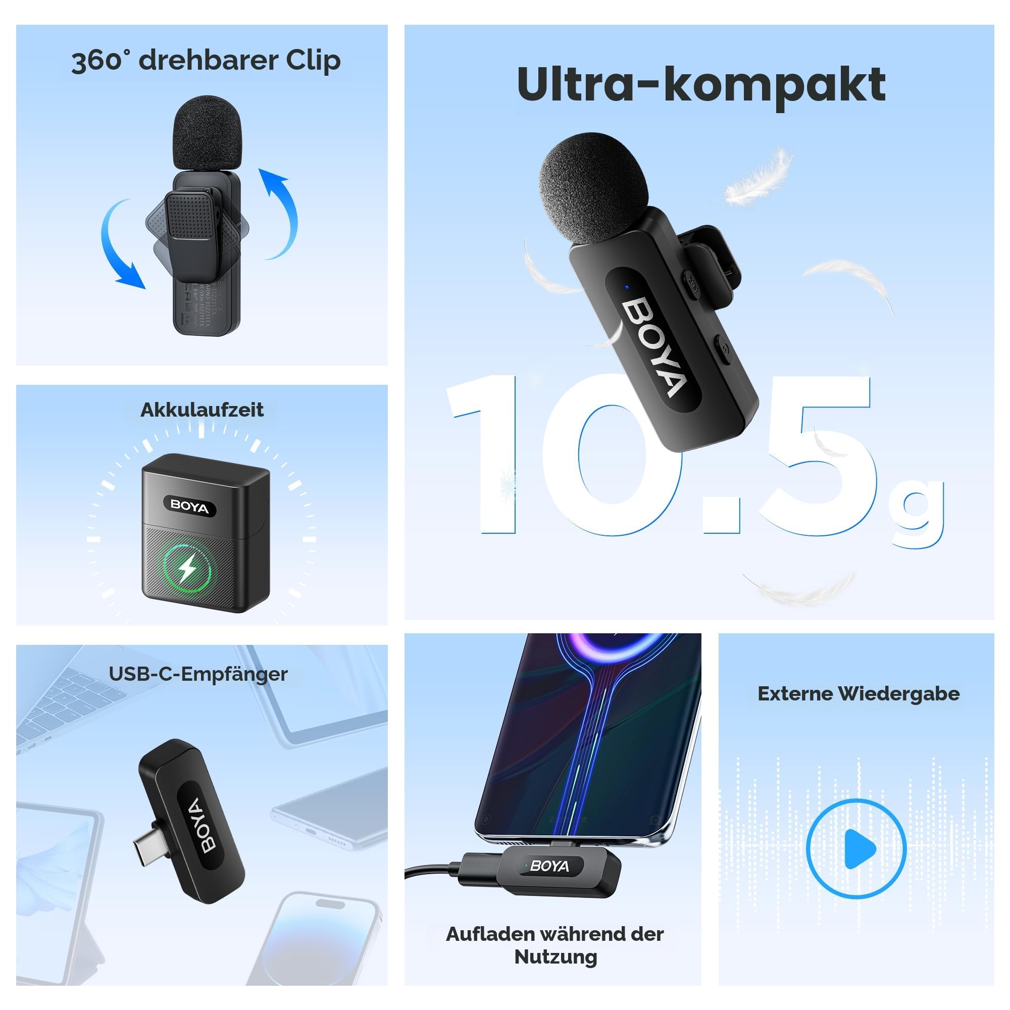 BOYA BY-V30 Mini Kabellos Lavalier Mikrofon 2 Pack 100m Reichweite USB C für Podcast Live Stream