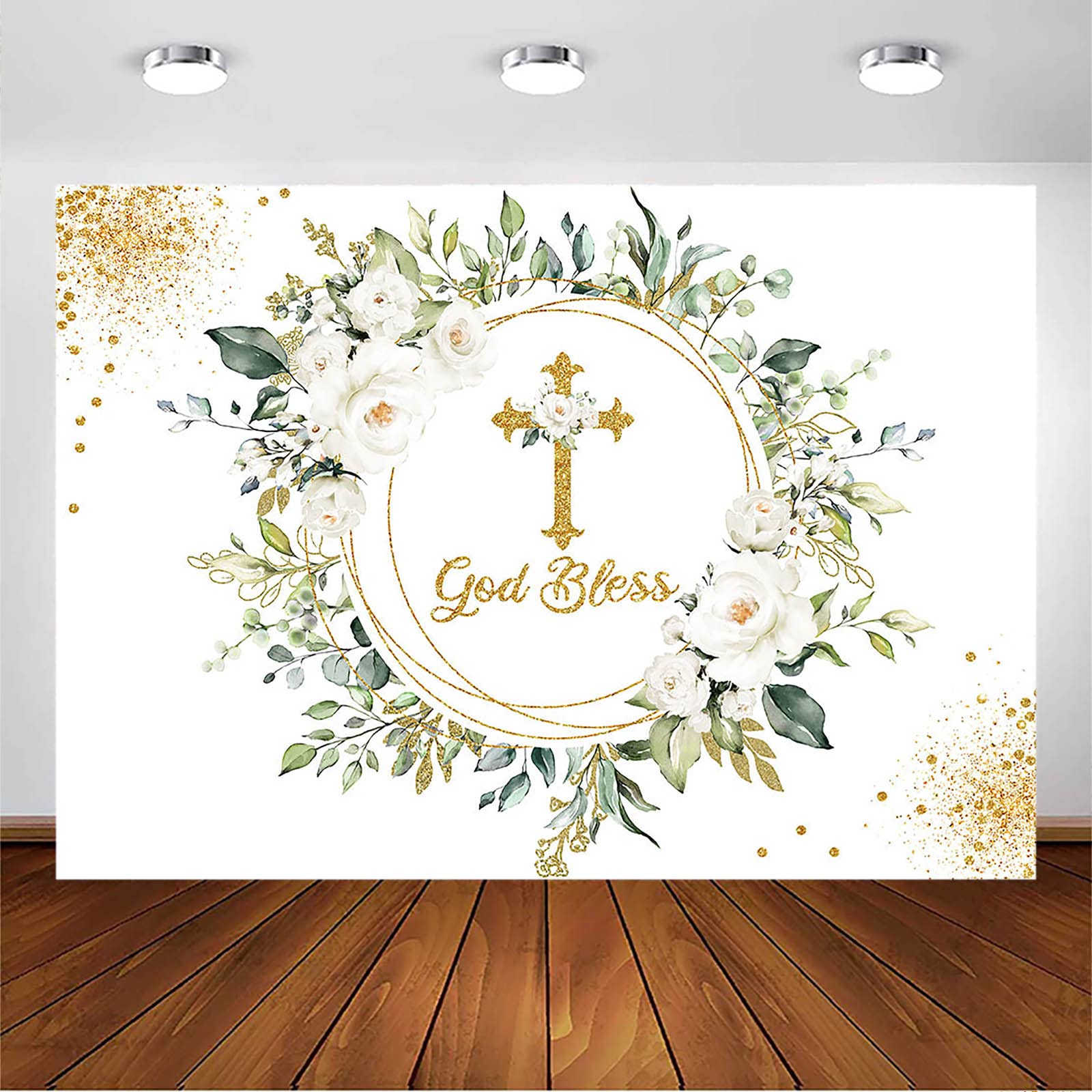 Stendardo Per Prima Comunione Ragazzo - Blu Con Croce E Colomba, 200x114 Cm, In Tessuto Poliestere, Decorazioni Per Battesimo E Festa
