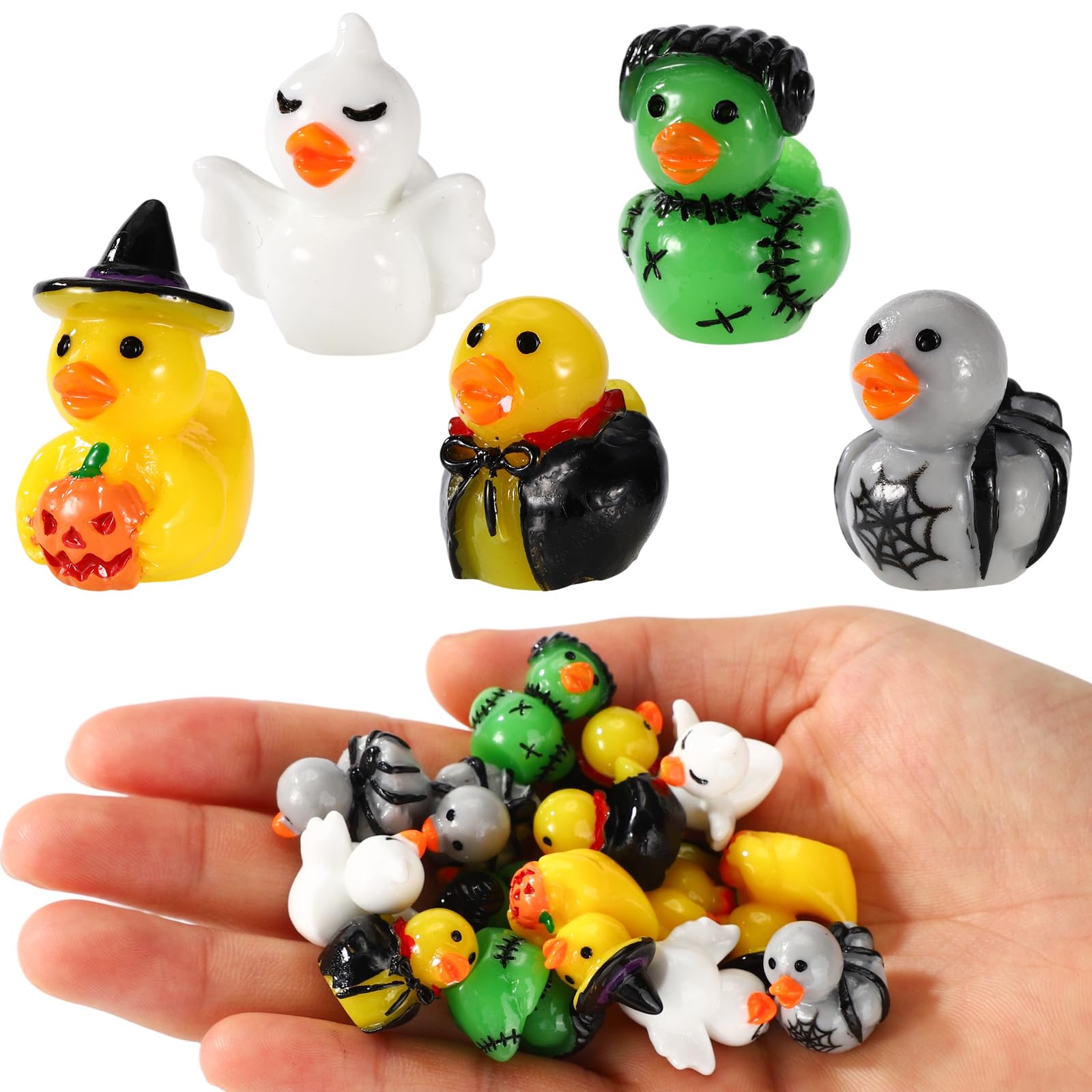 80pcs Halloween Mini Resin Ducks, Miniature Duck Ornament Assorted Witch Demon Bat Skull Ghost Pumpkin Design Tiny Decor for Halloween Party Favors Crafts Garden Patio
