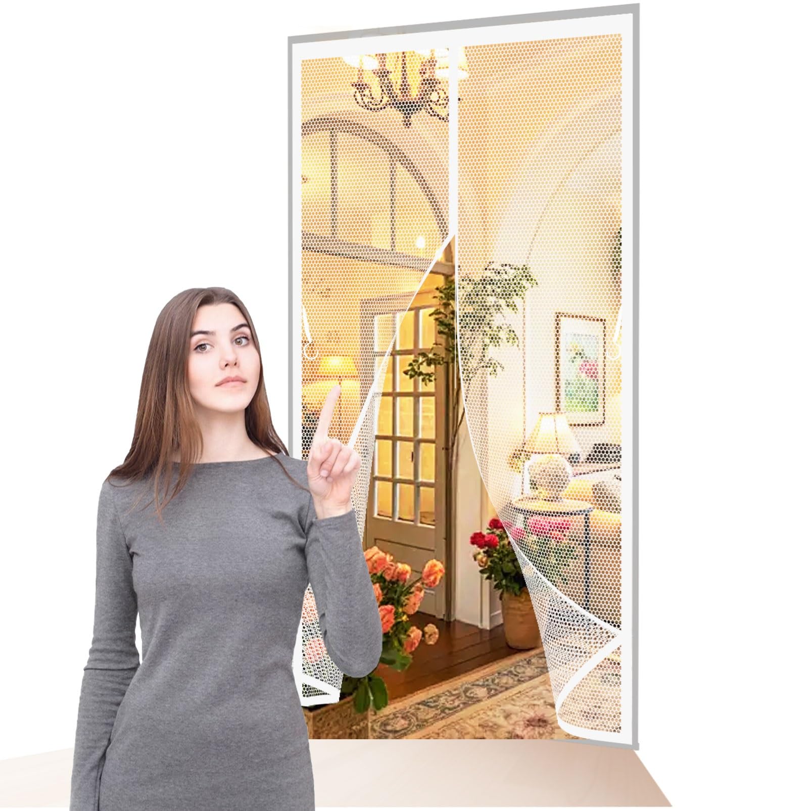 Magnetic Fly Insect Screen Door 91 x 188 cm Frame Hook & Loop, Powerful Magnets Magnetic Door Curtain Heavy Duty, Lets Fresh Air for Keeping Out Flies, White