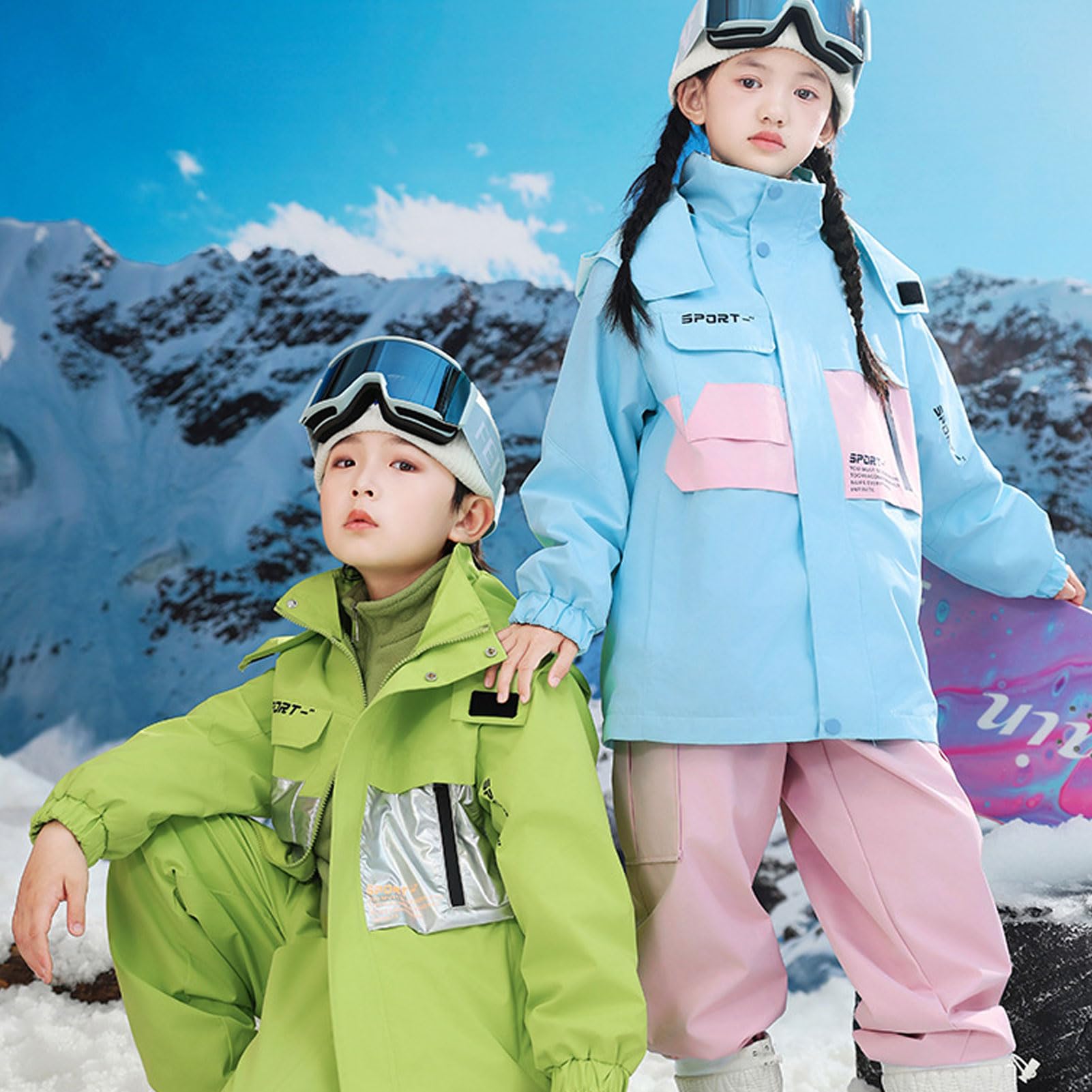 Traje de nieve para niños y niñas, juego de tres piezas chubasquero+chaqueta de forro polar+pantalones, traje de esquí de invierno