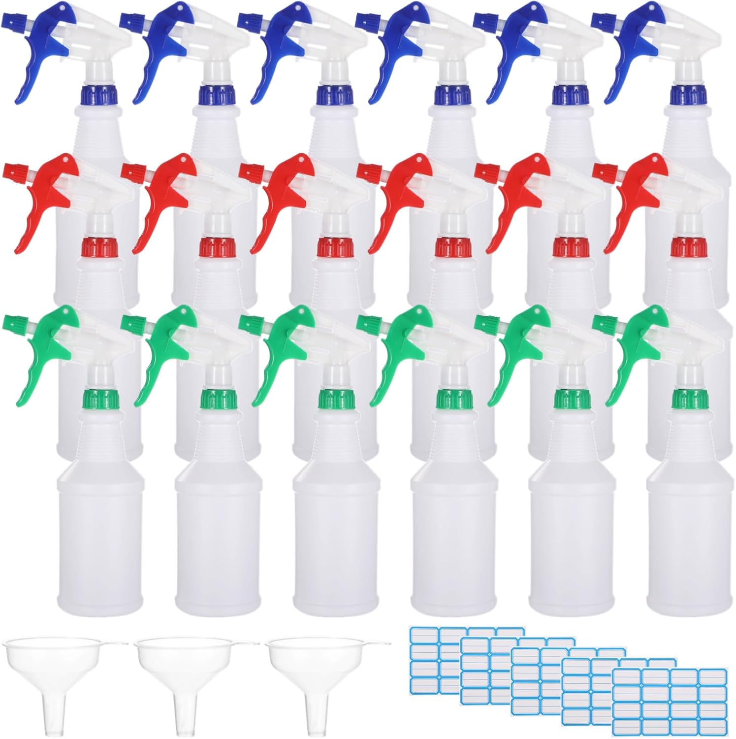 Lnrueg 18 PCS 16 oz Plastic Spray Bottles with 3 Funnels and 5 Stickers - PE Cleaning Gardening Spray Bottles with Adjustable Nozzles Red, Green, Blue