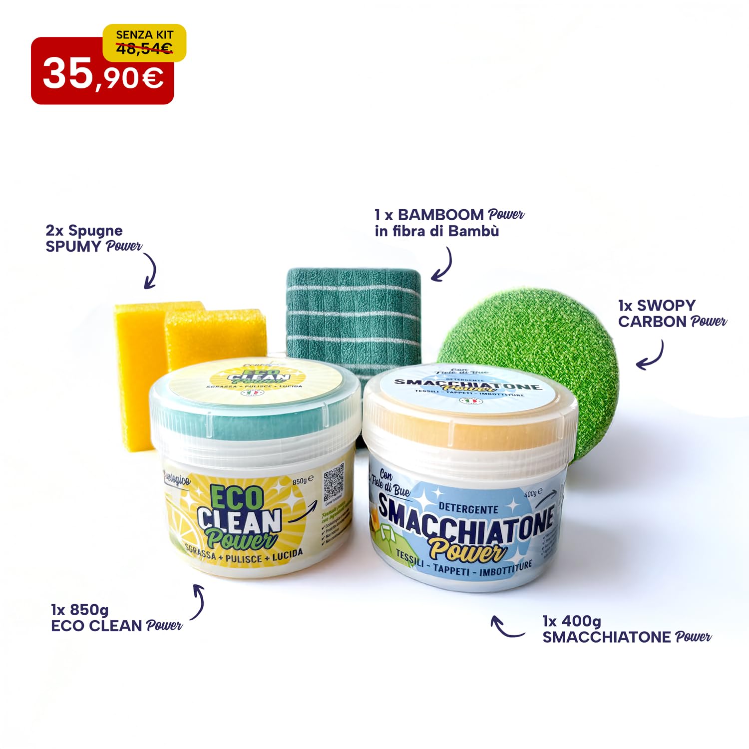 Betti Clean KIT Power Family XXL Detergente Multiuso e Smacchiatore | Pasta Pulente Multiuso, Smacchiatore Tessuti, Spugne e Panno Inclusi, 850 g + 400 ml