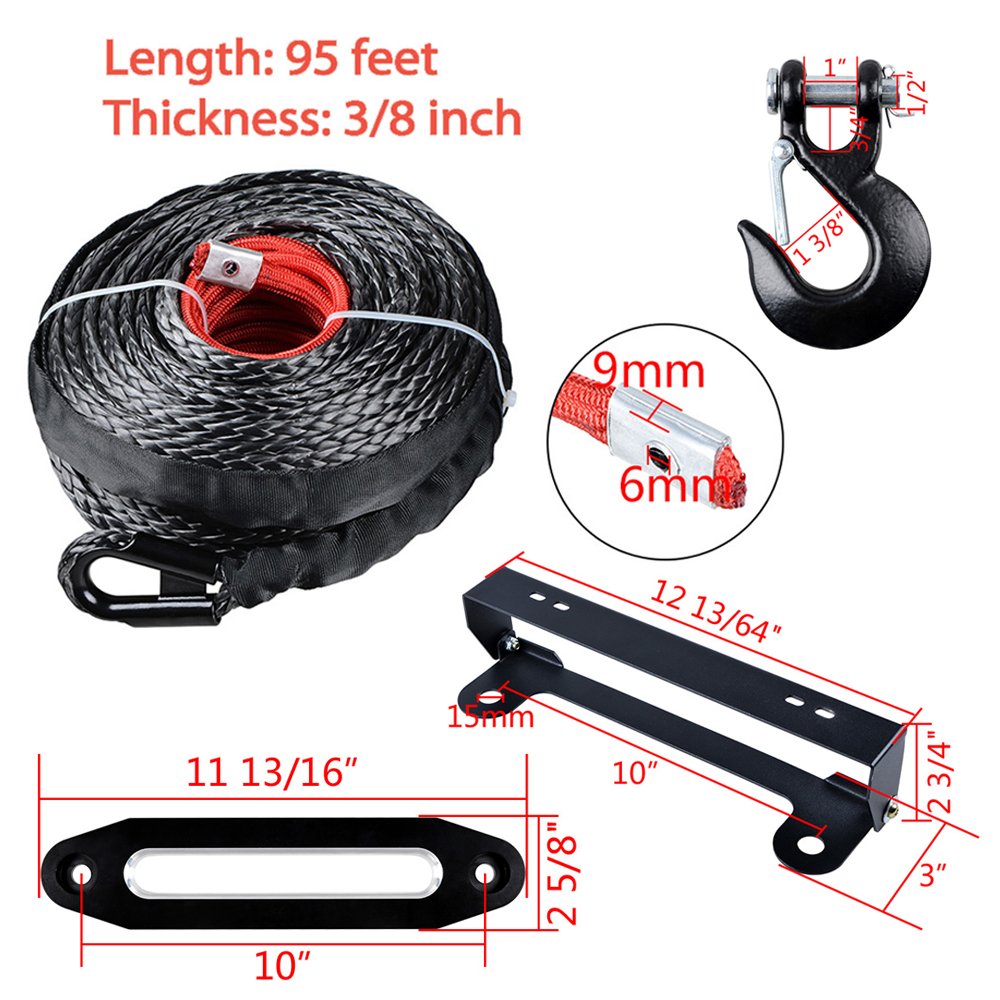Astra Depot 95ft x 3/8 inch (0500LBs Synthetic Winch Rope Heat Guard + 10 inch (Lack Chrome Hawse Fairlead with 4 Mounting Hole 254mm Flip-Up License Plate Holder + Grade 70 Steel Hook
