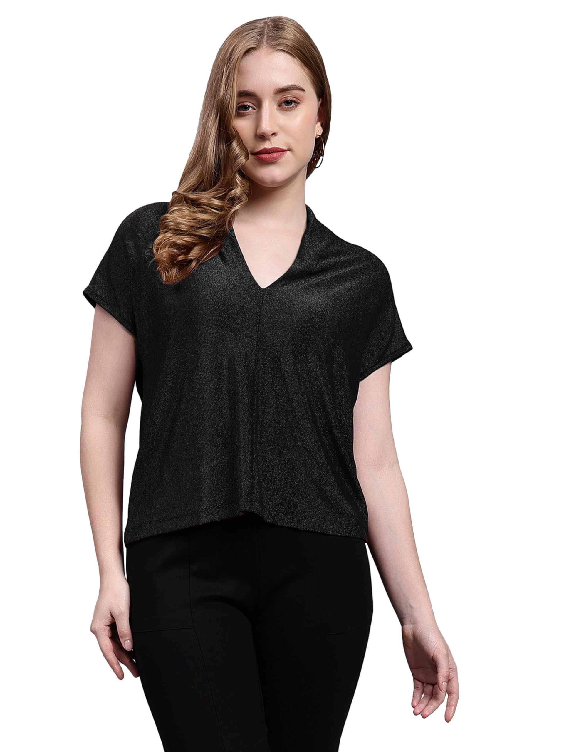 saffe Women's Casual/Party Shimmer Loose Fit Half Sleeve V-Neck Top, Wine-picture-19