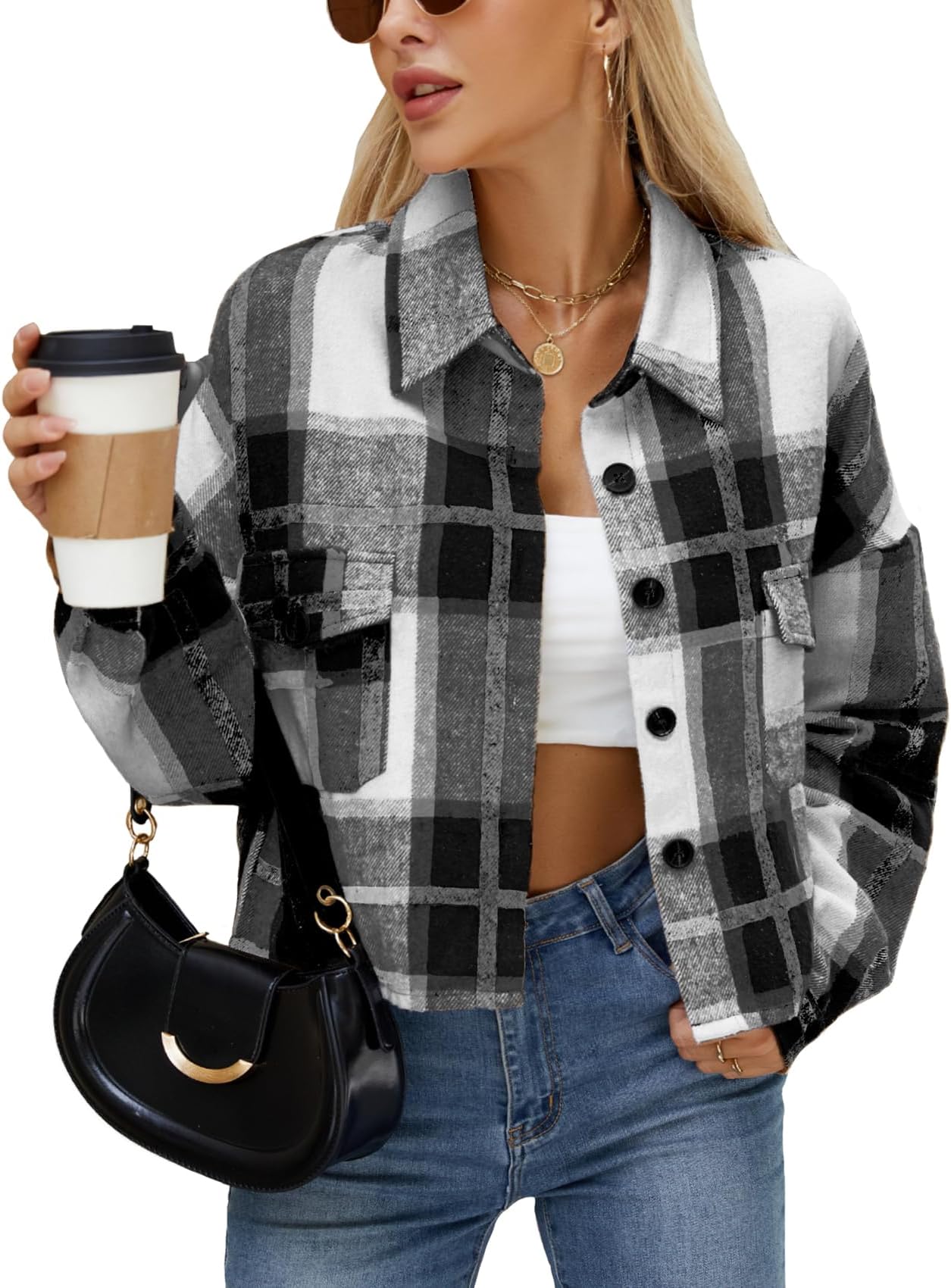 Women's Flannel Plaid Cropped Shacket Jacket Long Sleeve Button Down Crop Shirt Coat Fall Fashion Casual Outfits