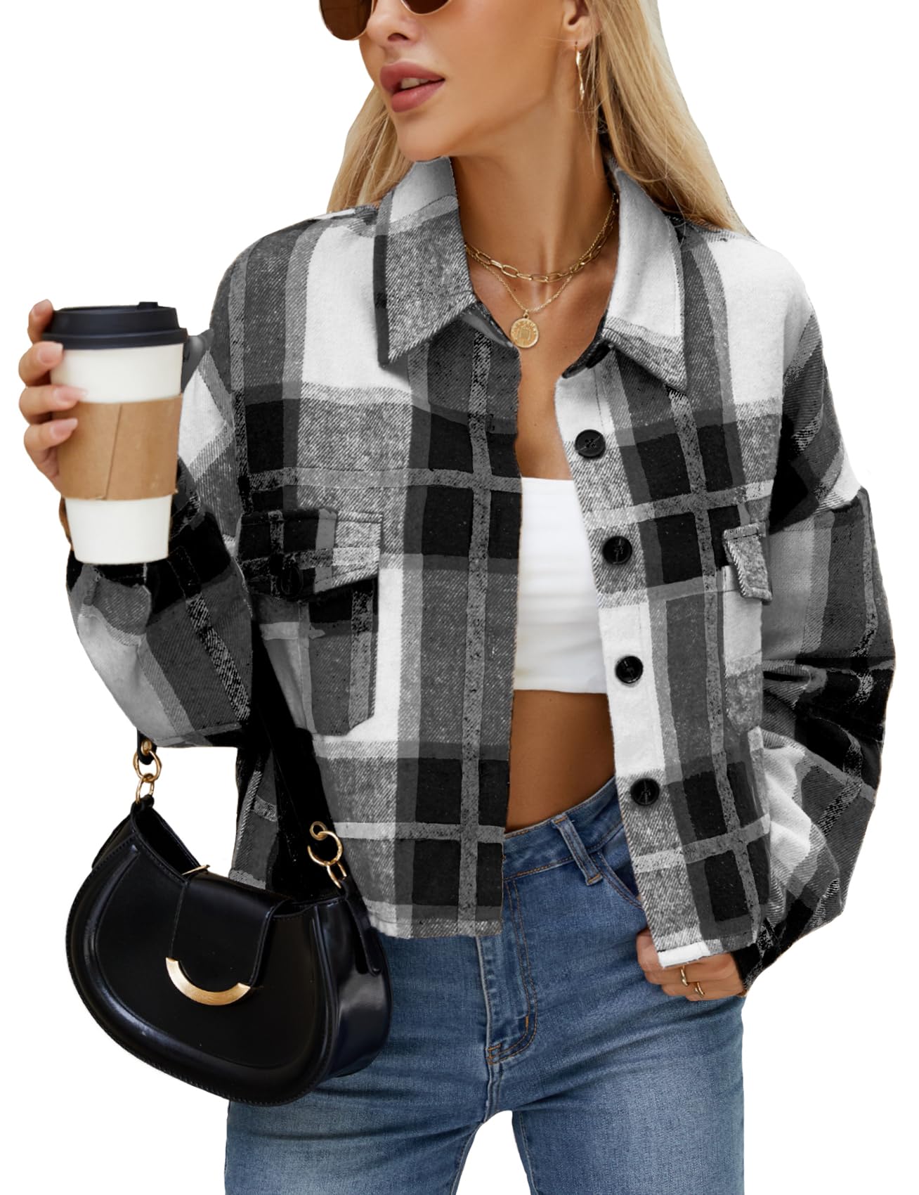 Women's Flannel Plaid Cropped Shacket Jacket Long Sleeve Button Down Crop Shirt Coat Fall Fashion Casual Outfits