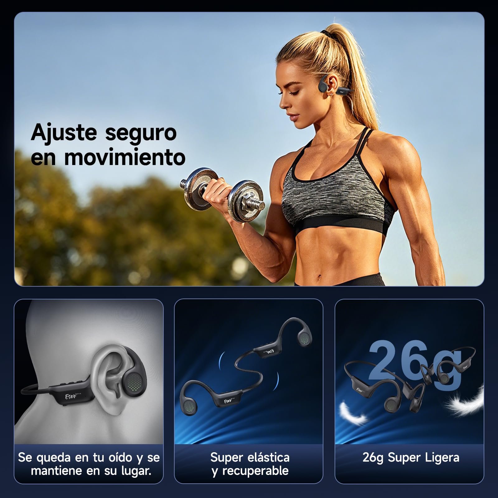 esonstyle Auriculares Conduccion Osea Bluetooth 6.0 – Cascos Conduccion Osea Inalambricos con Micrófono,IPX7 Impermeables Auriculares Deportivos Open Ear para Correr Ciclismo Fitness (Negro)
