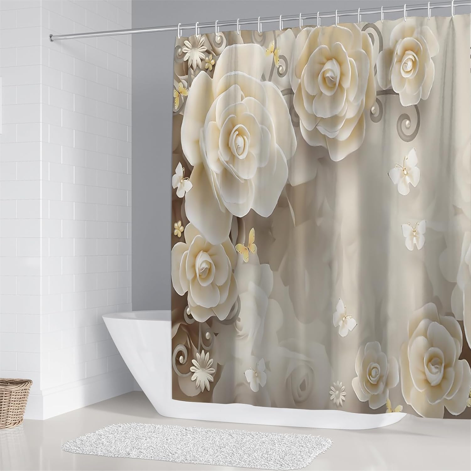 Chrainy 4Pcs White Flowers Shower Curtain Sets Elegant Blossom Floral Bathroom Accessories Set Butterfly Modern Waterproof Bathroom Decor with Rugs and 12 Hooks