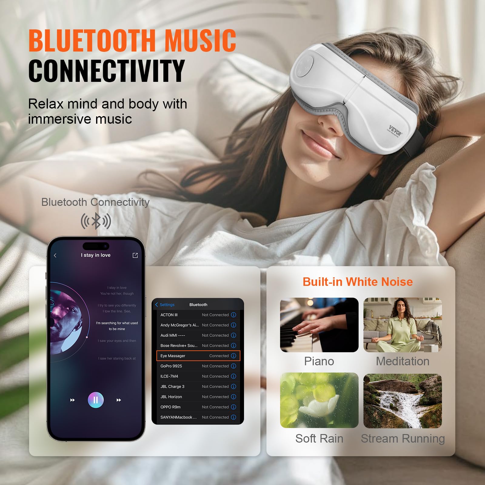 VEVOR Masajeador de Ojos Plegable con Calor y Control Remoto, con 5 Modos y Música Bluetooth, 180° para Fatiga Visual, Ojos Secos, Ojeras, Regalo Ideal para Mamá/Papá, Blanco, 208 x 40 x 99 mm