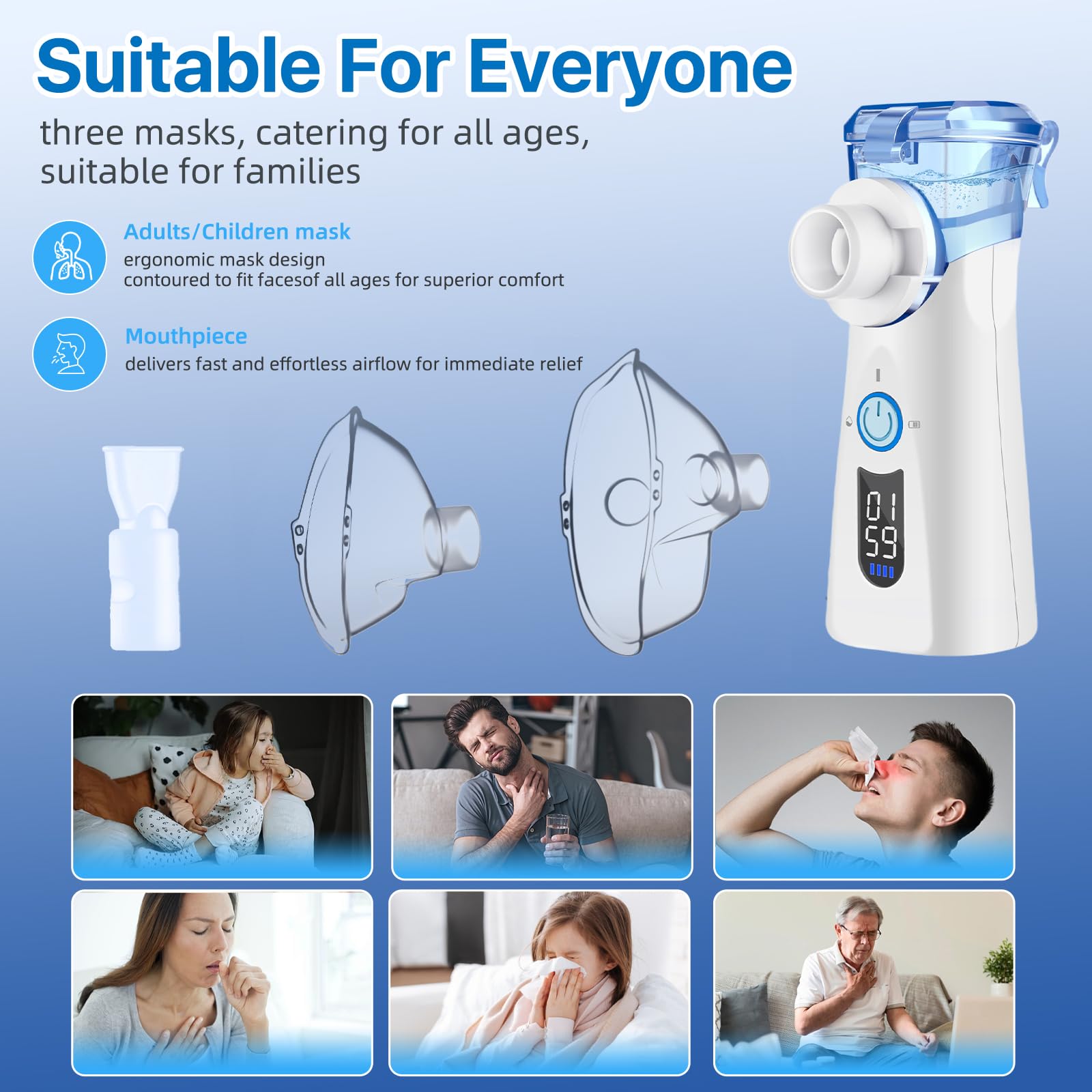 Ultracichy inhalator dla dorosłych i dzieci, inhalator, cyfrowy i samoczyszczący, przenośny, sterowany czasowo, typ C, ładowany, 2 maski, 1 ustnik (niebieski)