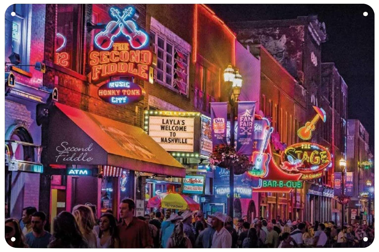Nashville Neon at Night Poster Metal Tin Sign Wall Art Plaque Decor for Home Bar Pub Club Cafe 8x12 inch