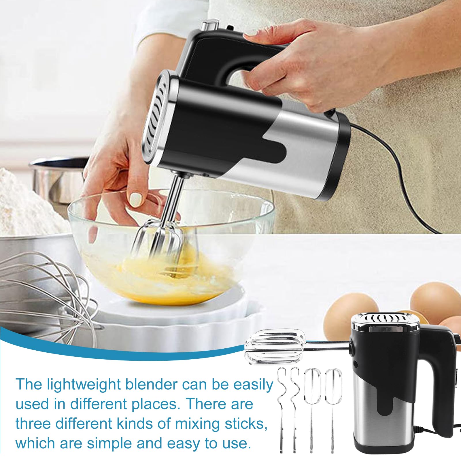 Handmixer: 800W Mixer Handrührer, 5 Geschwindigkeiten, Elektrisch Handrührgerät mit 4*Edelstahl Zubehör, Rührgerät Handmixer, Edelstahlkneter Handmixer, Handrührer, Küchenmixer (Schwarz)