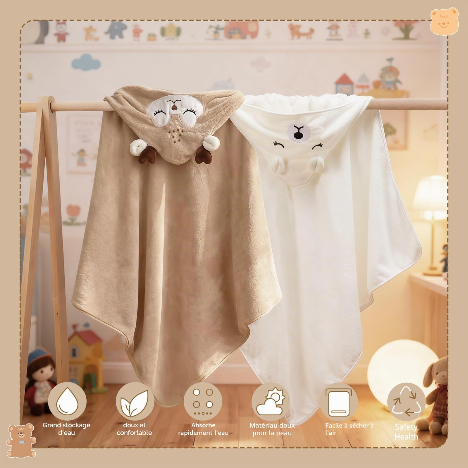 Lot de Serviettes de Bain à Capuche pour bébé - en Polaire Corail Moelleuse - Douce et Super absorbante - 80 x 80 cm - Serviette de Bain absorbante (3, Éléphant Gris avec cerf caféiné)