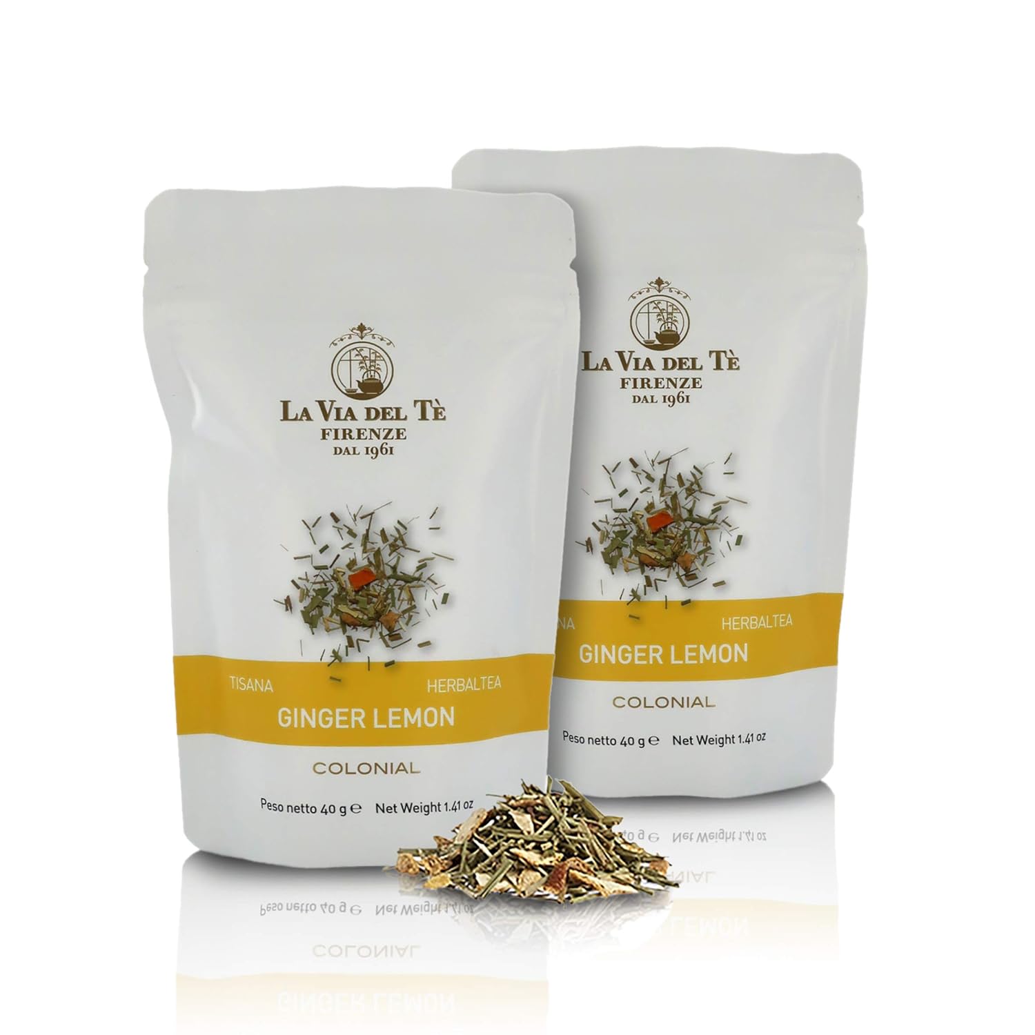La Via del Te Herbal Tea Ginger Lemon, Revitalizing Herbal Tea with Lemongrass & Ginger, Pouch, 40g / 1.41oz (Pack of 2 Pieces)
