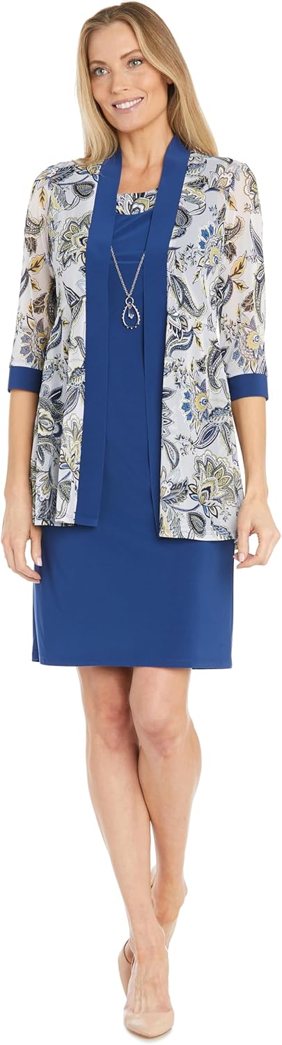 Elegant Abstract Leaf Pattern Jacket Dress Set W/Detachable Necklace