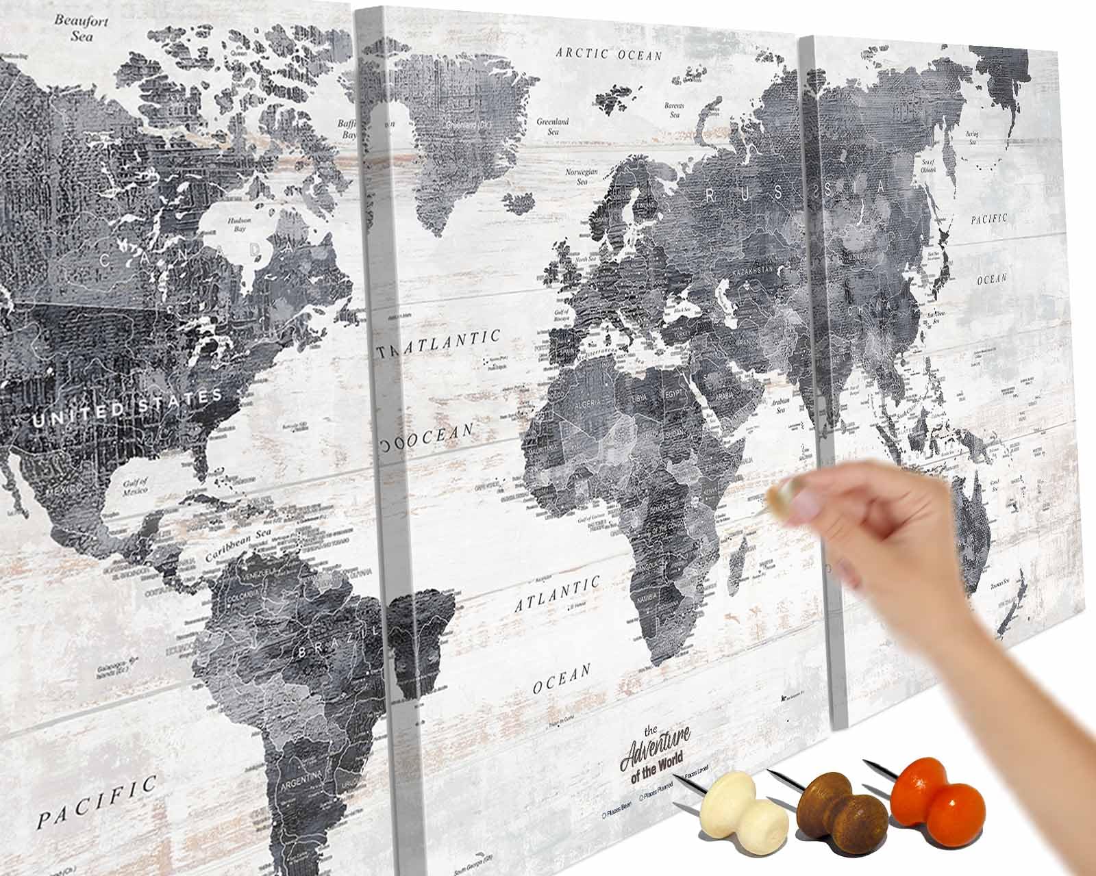 Framed Push Pin Travel Map World Motivational Canvas Picture Gray