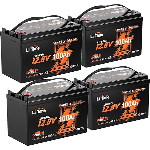Litime 12V 100Ah Trolling Motor LiFePO4 Battery (Group 31), 12 Volt Bluetooth Lithium Battery with Low Temp Protection, Max. 15000 Deep Cycles, Built-in 100A BMS for Marine, Boat, Yacht (4-Pack)