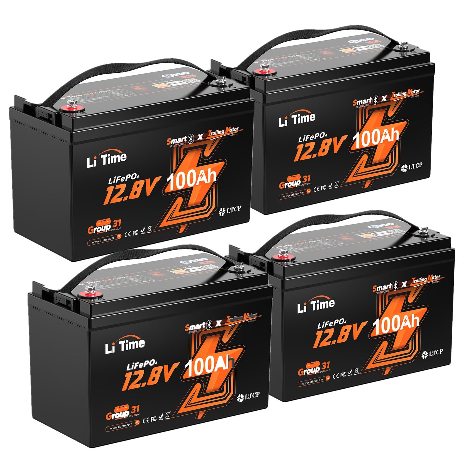 Litime 12V 100Ah Trolling Motor LiFePO4 Battery for Marine, Boat(4 Pack)