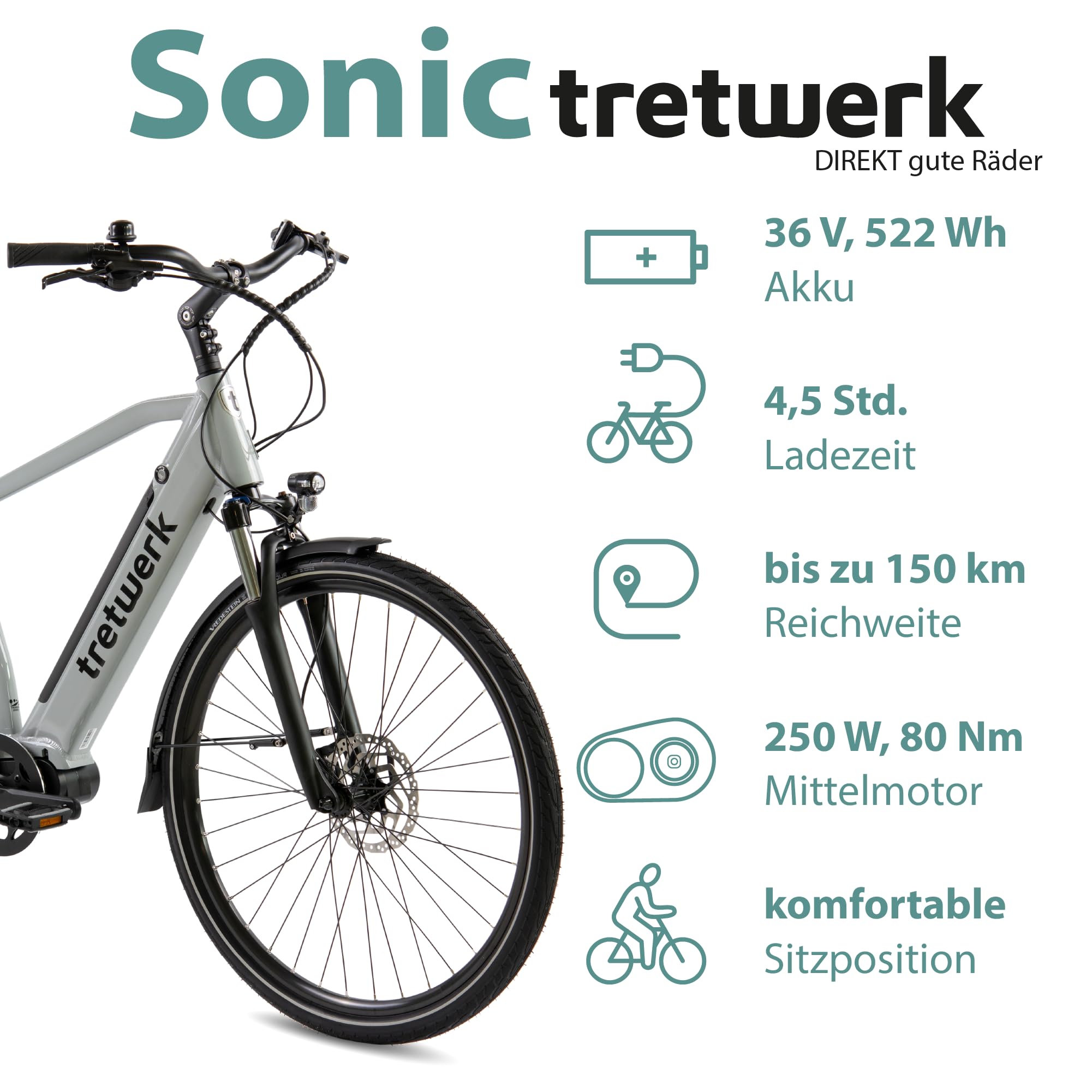 Tretwerk Sonic 28 Zoll Trekkingrad Herren Pedelec E Bike 8 Gang Fahrrad | grau 50 cm 160-180 cm Elektrofahrrad bis 130 km Trekking Fahrrad mit Federgabel