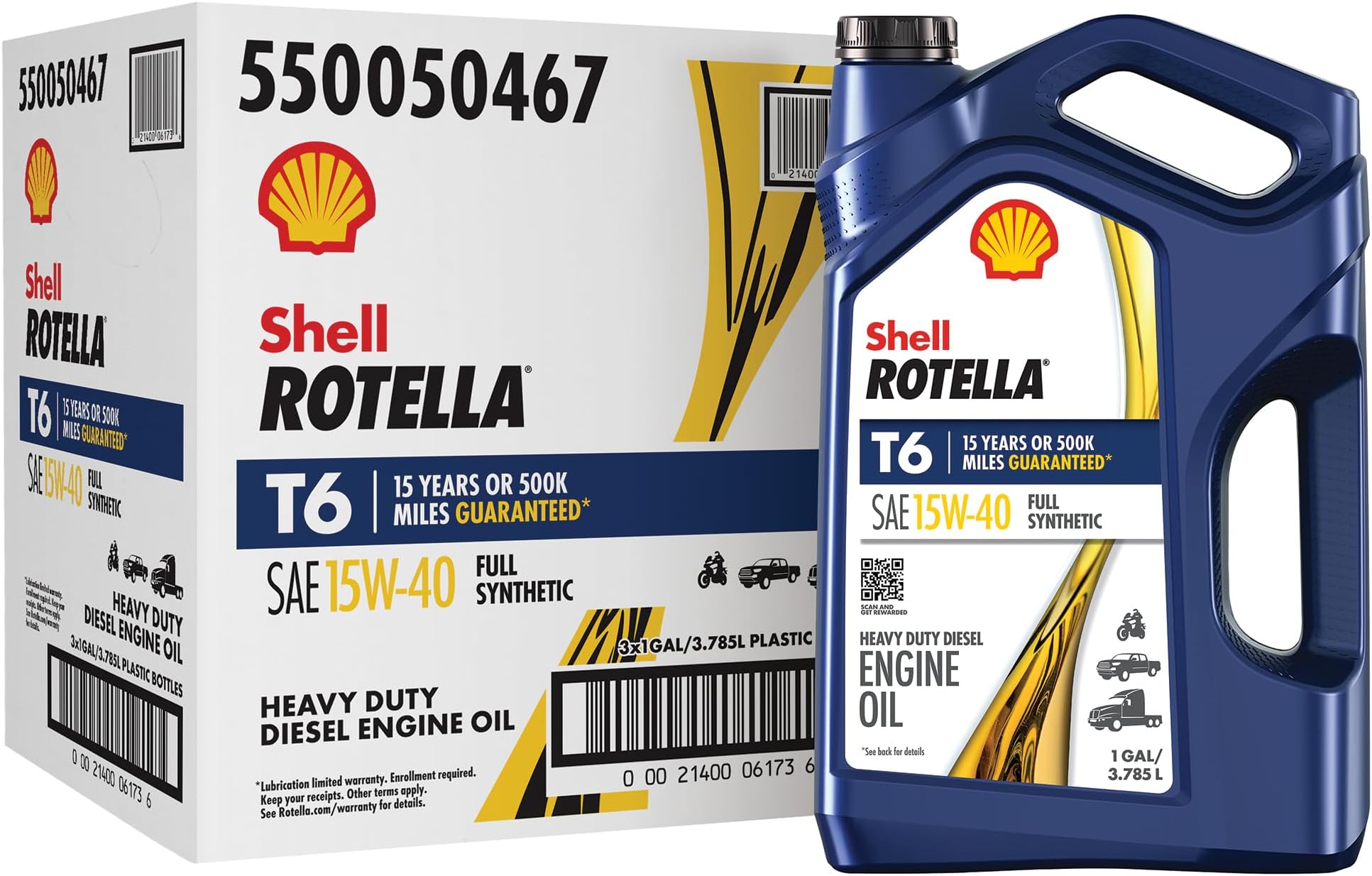 Shell Rotella T6 Full Synthetic 15W-40 Diesel Engine Oil, 1 Gallon (3 Pack)
