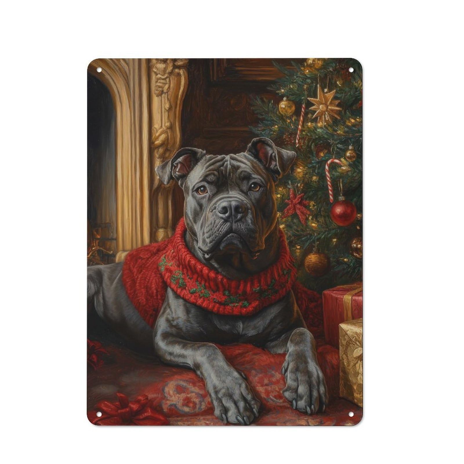 Junmoney Cane Corso In Festive Red Dog Christmas Port Tin Wall Plaque 40X30cm With Rait With Red Scarf For Guest Room Or Hallway, For Metal Sign Collectors, For Garage And Workshop Walls