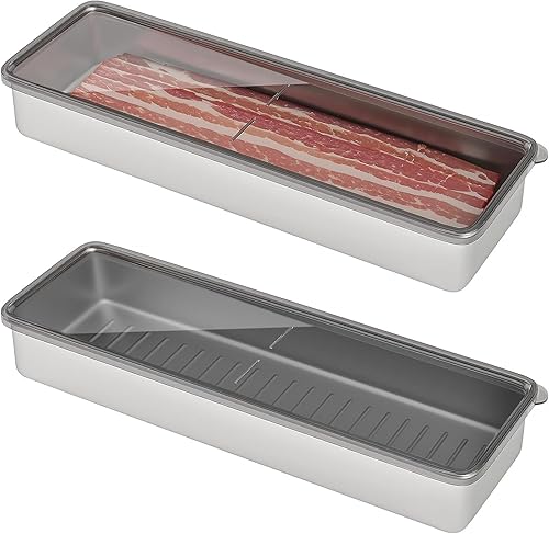 Freshmage Recipiente de tocino para refrigerador, recipiente hermético de acero inoxidable 304 para almacenamiento de carne de delicatessen para
