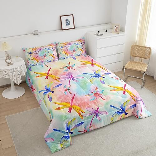 Miniatura 3 de Erosebridal Juego de ropa de cama Kawaii de libélula, juego de edredón de teñido anudado arco iris, juegos de edredón de animales coloridos, relleno