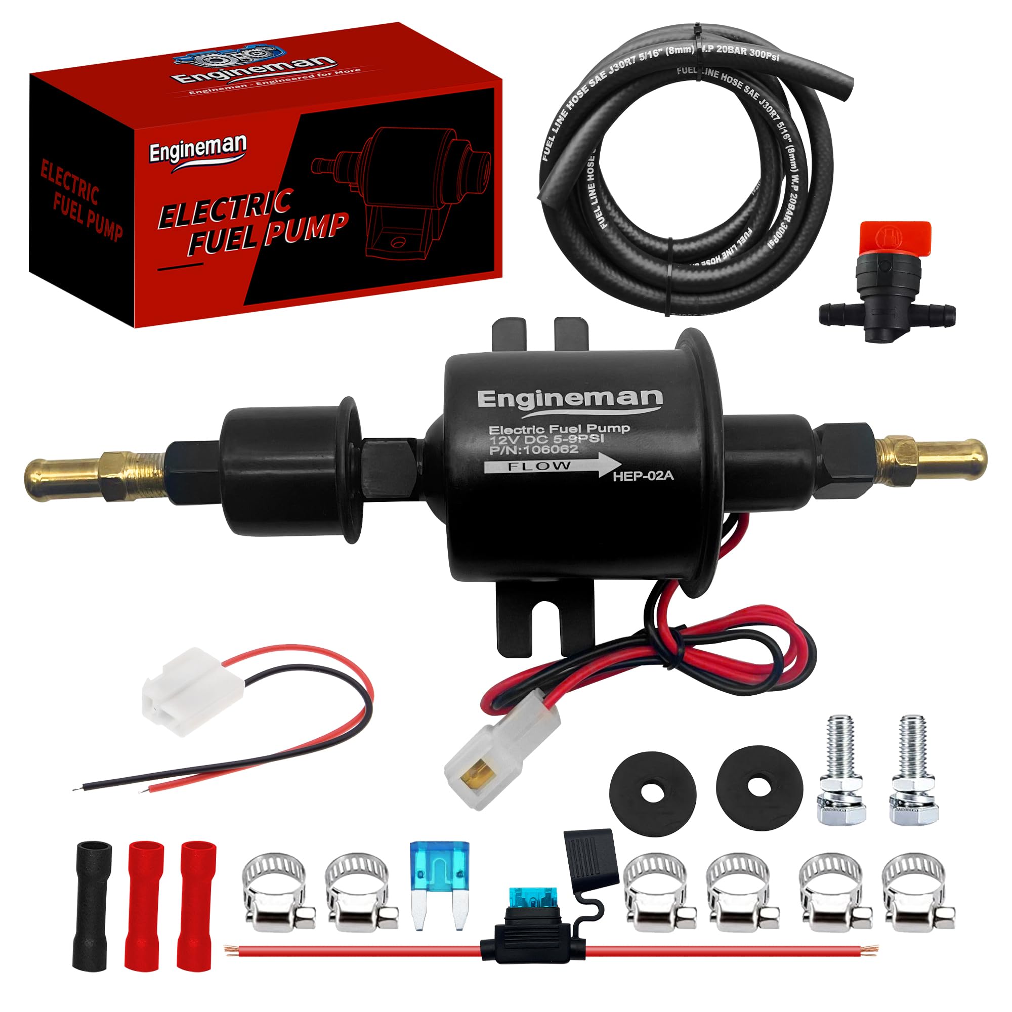 Universal Electric Fuel Pump Kit 12V 5-9 PSI Low Pressure with Fuel Filters 6 Hose Clamps 6.56 FT 5/16" ID Fuel Line Replacement For Carburetor Lawn Mower Gas Diesel Transfer Pump
