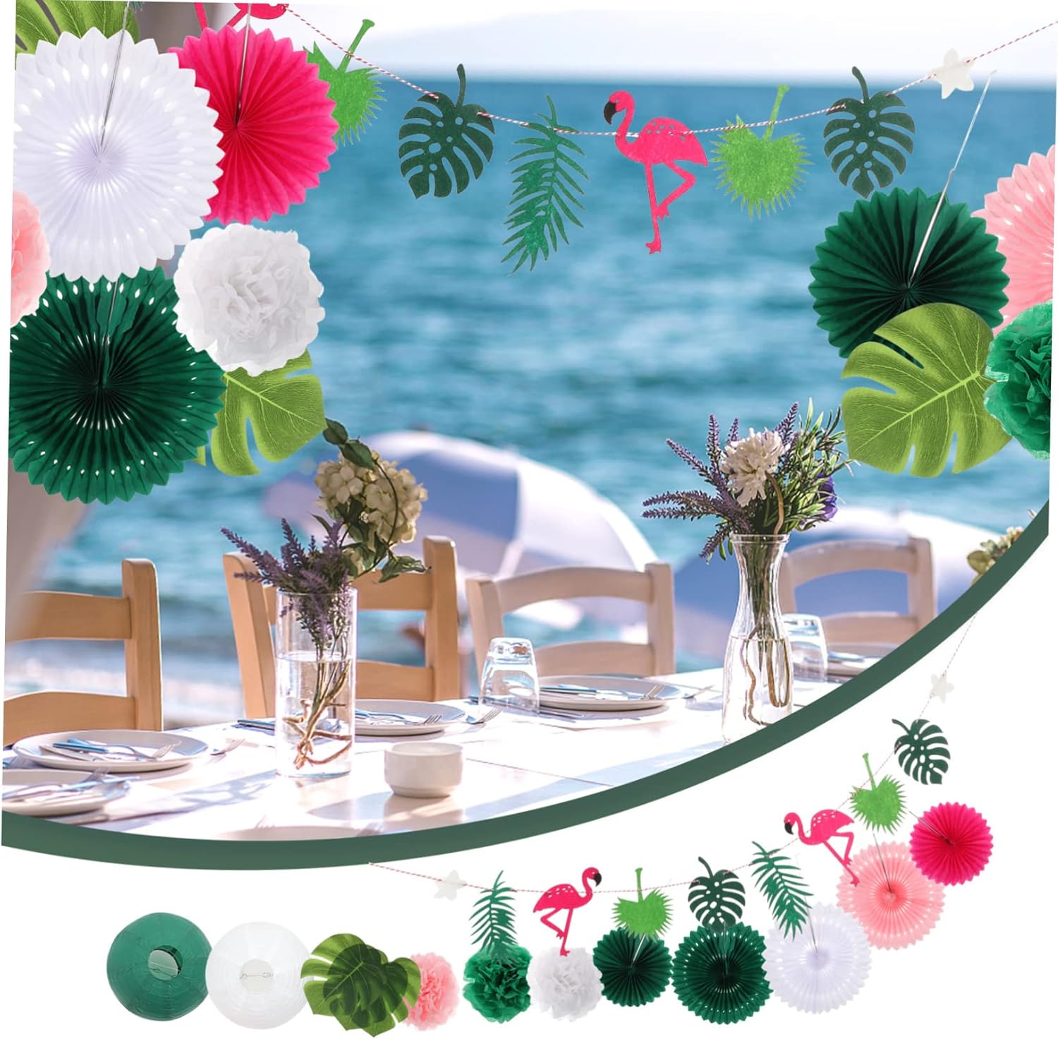 Zerodeko 5 Sets Tropical Hawaiian Party Decorations Set of Banners Flags Paper Fans for Luau Beach BBQ Celebration