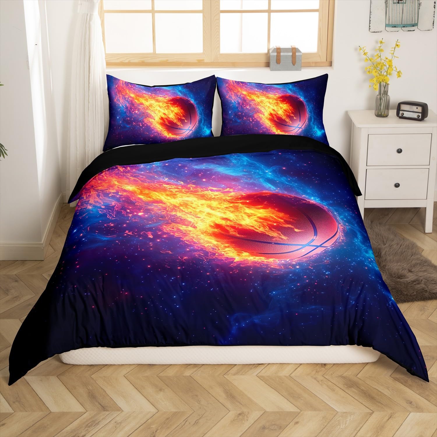 3D Basketball Duvet Cover King Size for Kids Boys Teens,Universe Flame Sport Ball 3 Pieces Duvet Cover,Glitter Galaxy Sky Soft Comforter Cover (Not Comforter),Kids Kids Basketball Sky Quilt Cover