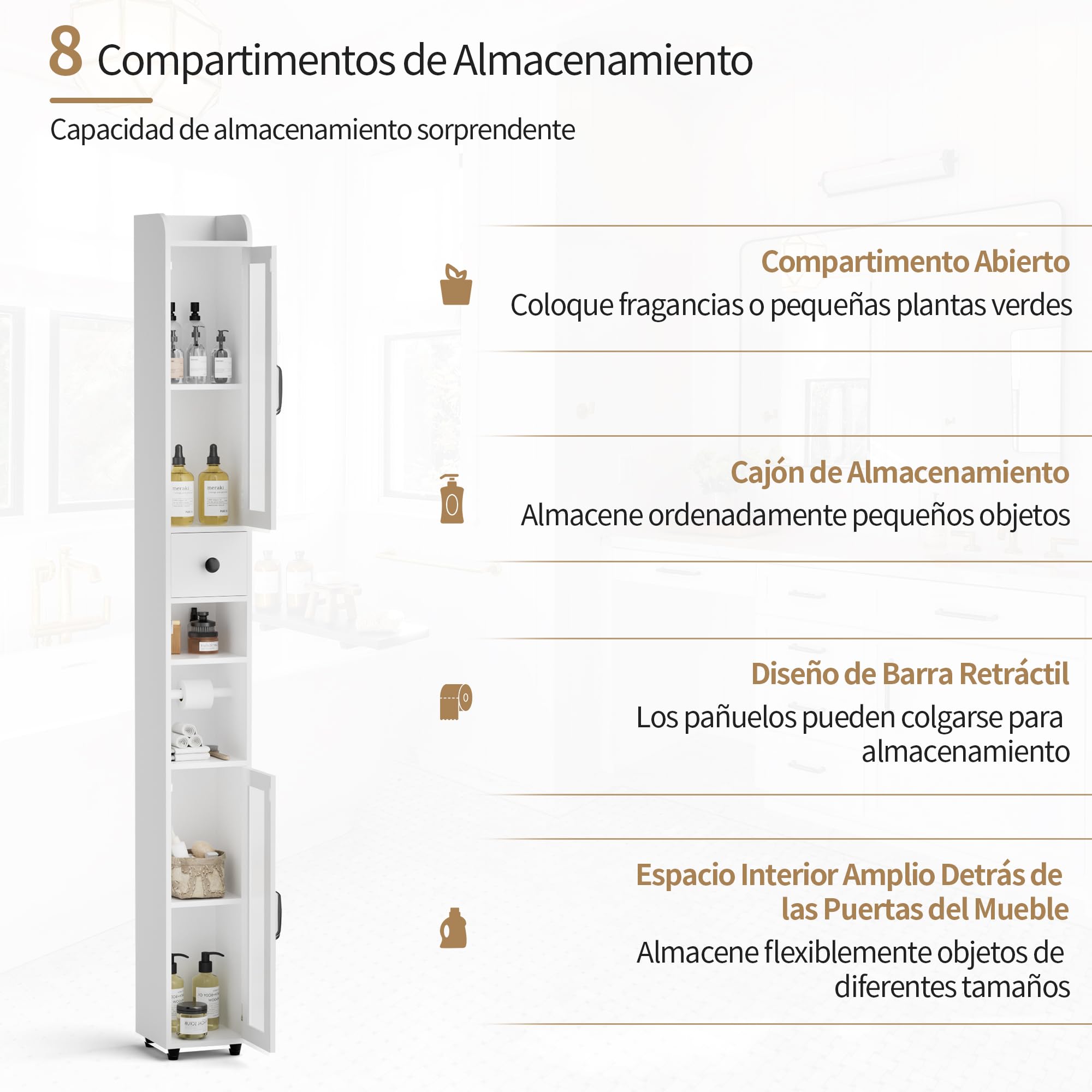 BonVache Mueble Baño Columna, Armario de baño con Estantes Ajustables, Estanterías con 2 Puertas de Vidrio y 1 cajón, Portarrollos Baño, Blanco, 20x20x180 cm