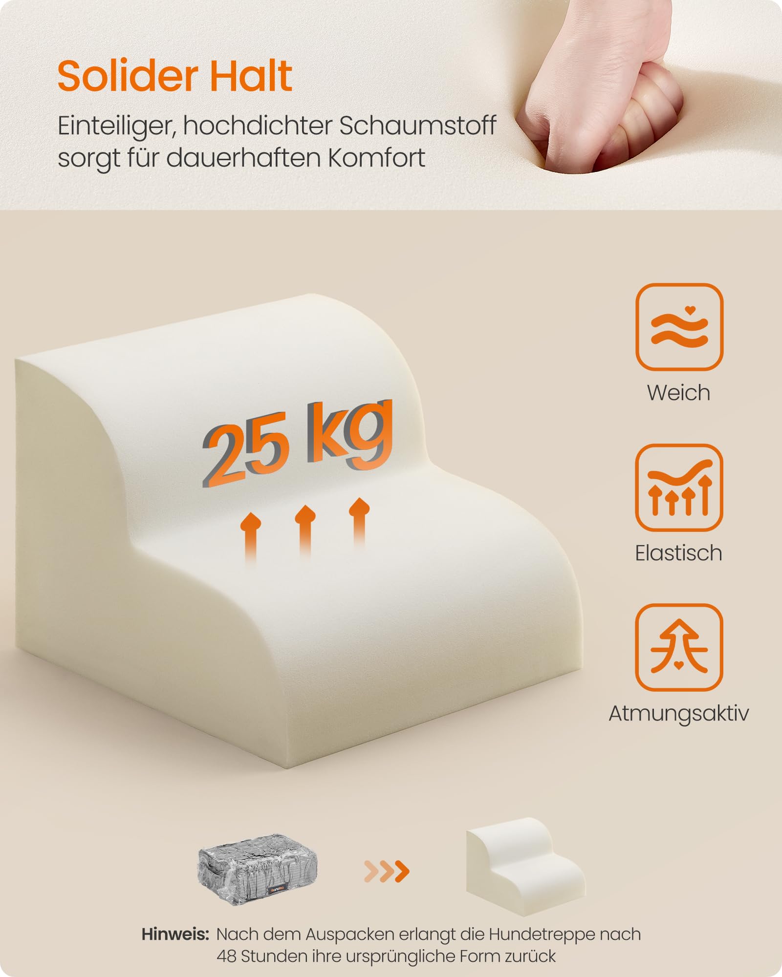 Feandrea Hundetreppe, 2 Stufen, Haustiertreppe, für kleine Hunde, Bett, Sofa, wasserdichte Katzentreppe, rutschfest, gringe Neigung, Abnehmbarer waschbarer Bezug, Griff, Taubengrau PPS002G01