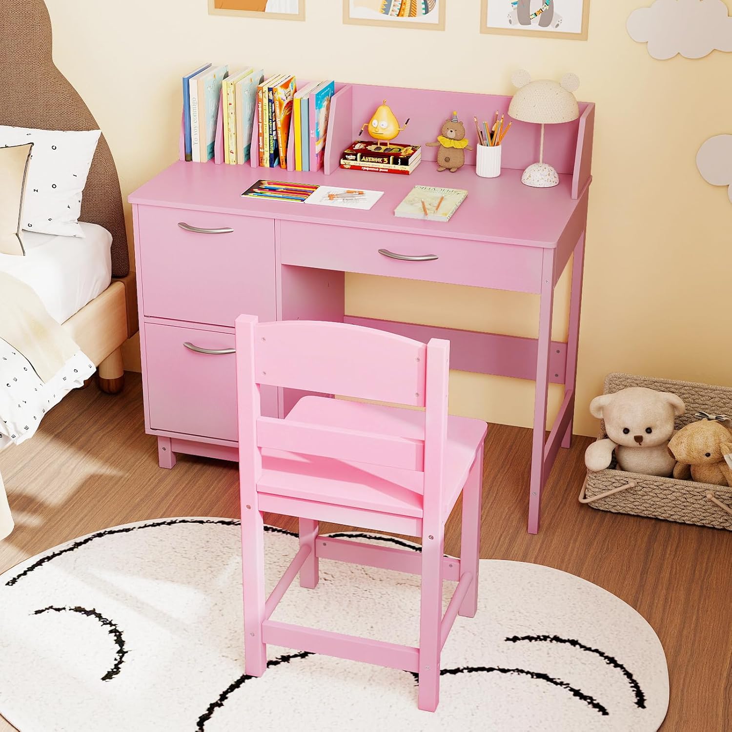 Costzon Kids Desk and Chair Set, Wooden Student Study Desk Set w/Hutch, Storage Drawer & Cabinets for 3-8 Years Old Child, Writing Computer Workstation for Bedroom School (Upgraded, Pink)