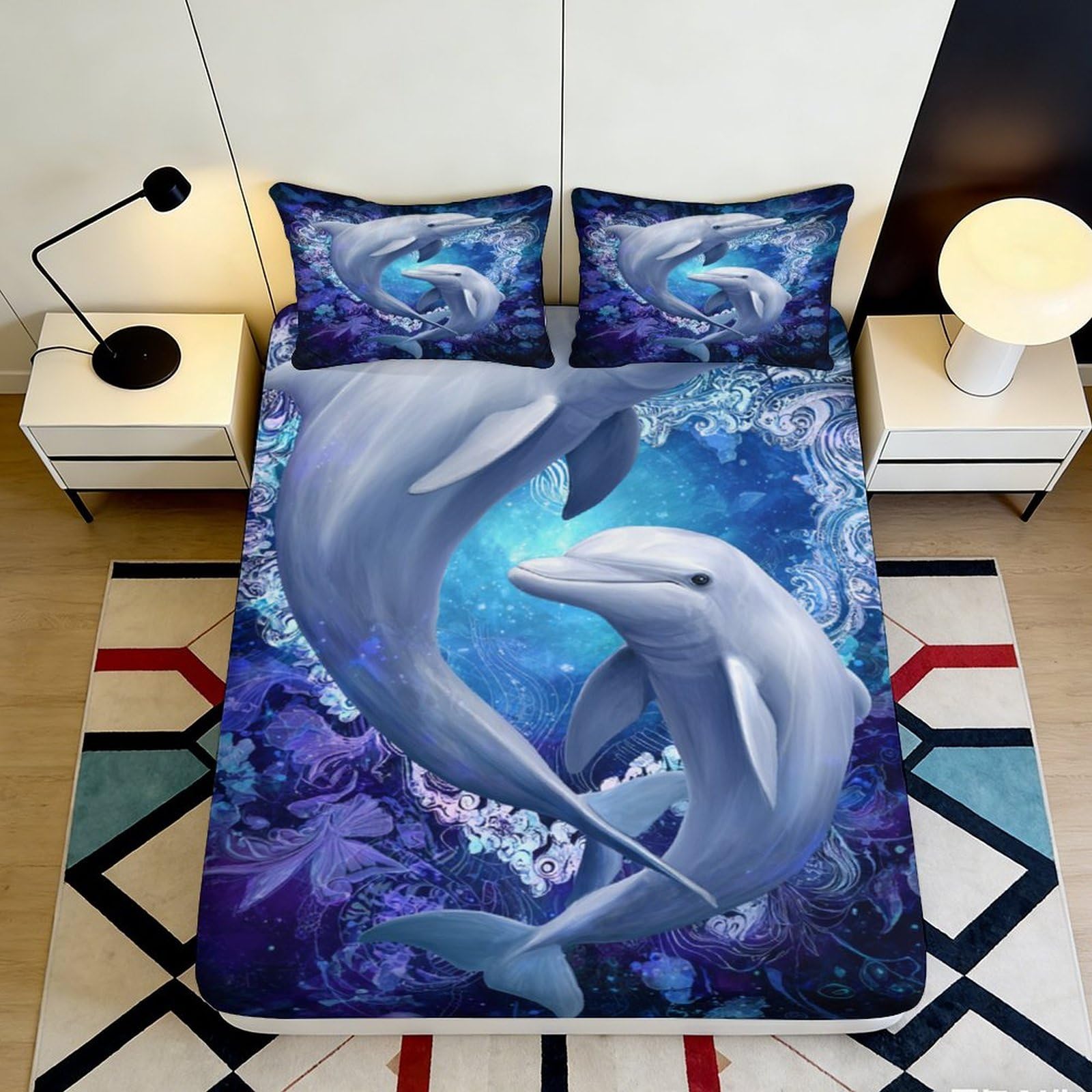 3D Printed Ocean Dolphin Fitted Sheet Microfiber Soft Blue Sea Mattress Cover Bedroom Dorm Decor 90x200x25cm