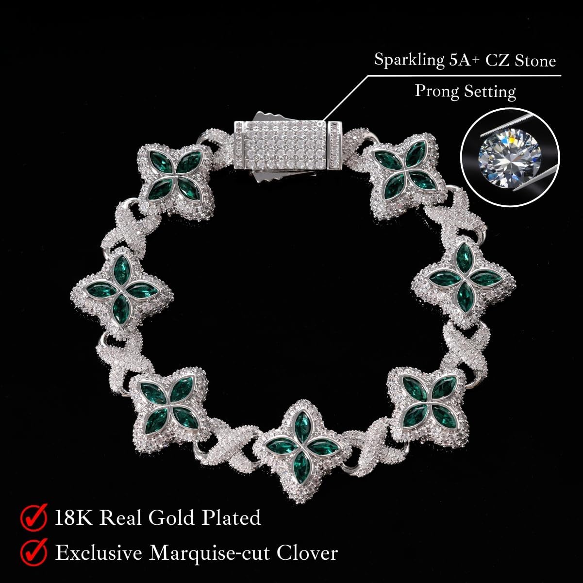 Lulu Mel Cross Infinity Charm Cuban Chain Bracelet for Men Women, Iced Out Silver Colorful Prong Setting 5A Cubic Zirconia Diamond Fashion Four-Leaf Cuban Bracelet for Rapper Gift