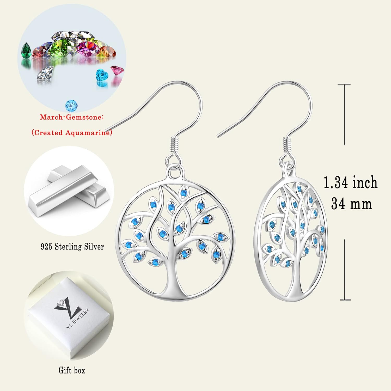 YL Tree Earrings Sterling Silver Tree of Life Hook Earrings Round Birthstone Dangle Drop Jewelry for Women - Image 6