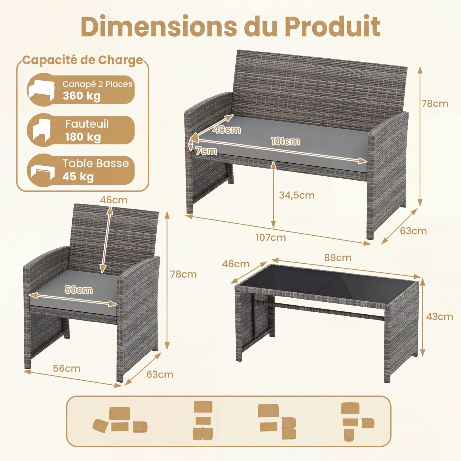 SOARS Salon de Jardin Exterieur en Rotin PE, 4 Personnes (Gris+Gris)