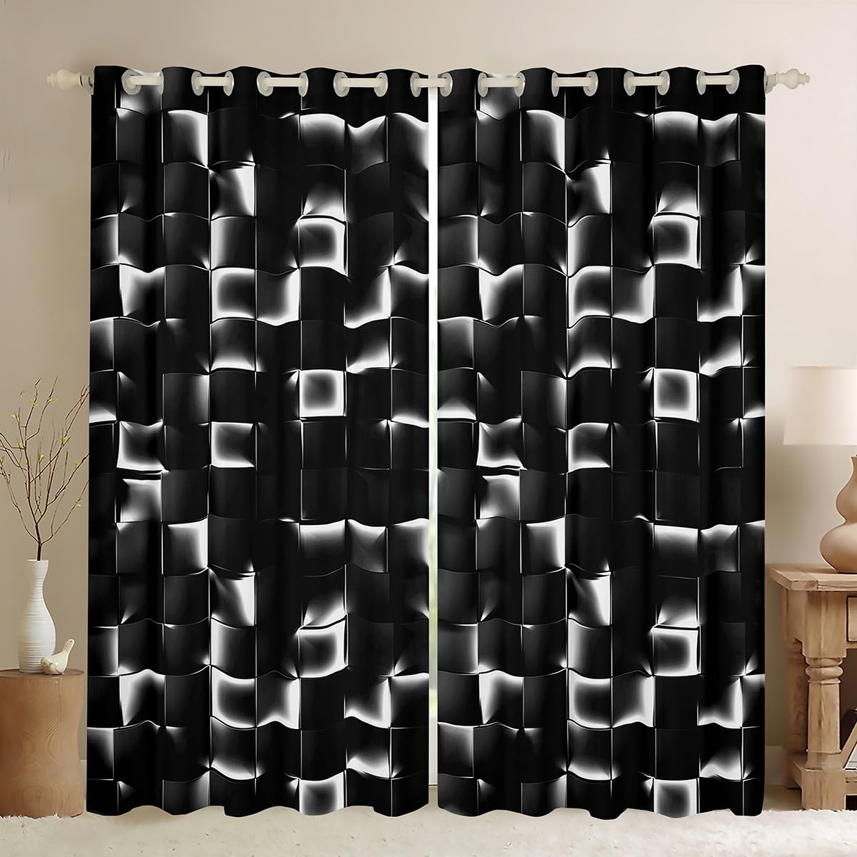 Homewish Geometric Checkered Window Drapes 2 Panels 46 x 54 Inch Neon Black White Blackout Curtains for Kids Boys Teen Men Gamer Room Decor, Abstract Ombre Plaid Grids Window Curtains