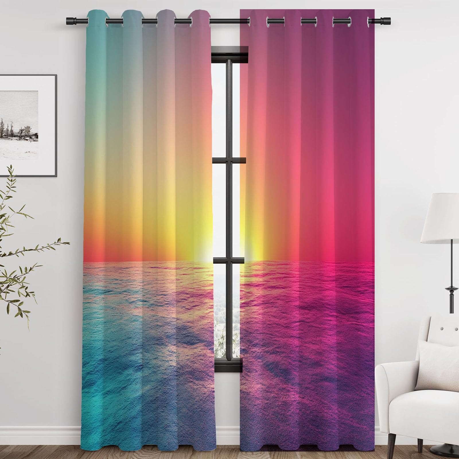 Vorhänge Blickdicht Abstrakt - Lebhafter Verlauf-Ozean-Sonnenuntergang Abstrakt Modern Wohnzimmer Gardinen Vorhänge kurz Schlafzimmer Küchengardinen Decor-H300 x B140 cm (2er Pack)