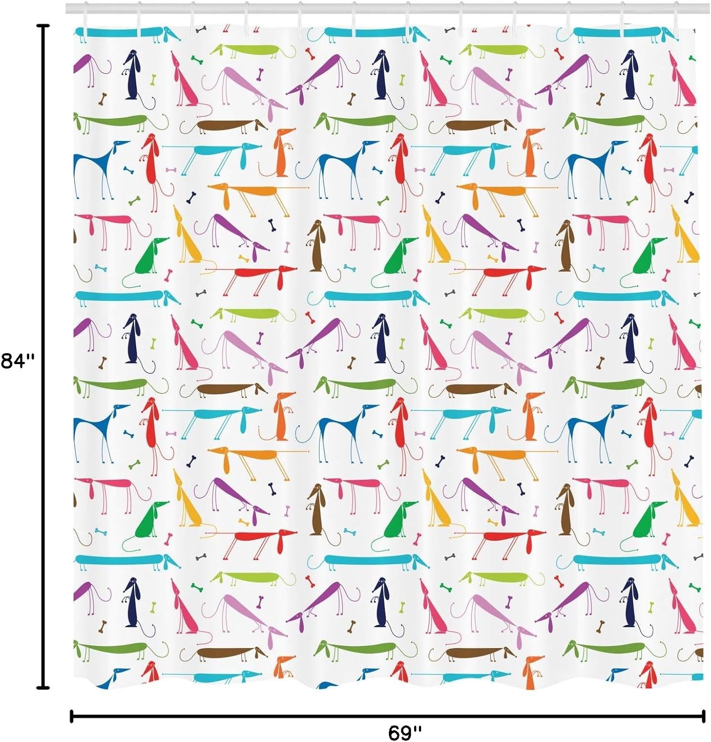 Ambesonne Dog Lover Shower Curtain, Dachshund Cartoon Doodles with Various Stances Pointing Smelling Running Standing, Cloth Fabric Bathroom Decor Set with Hooks, 69" W x 84" L, White Multicolor