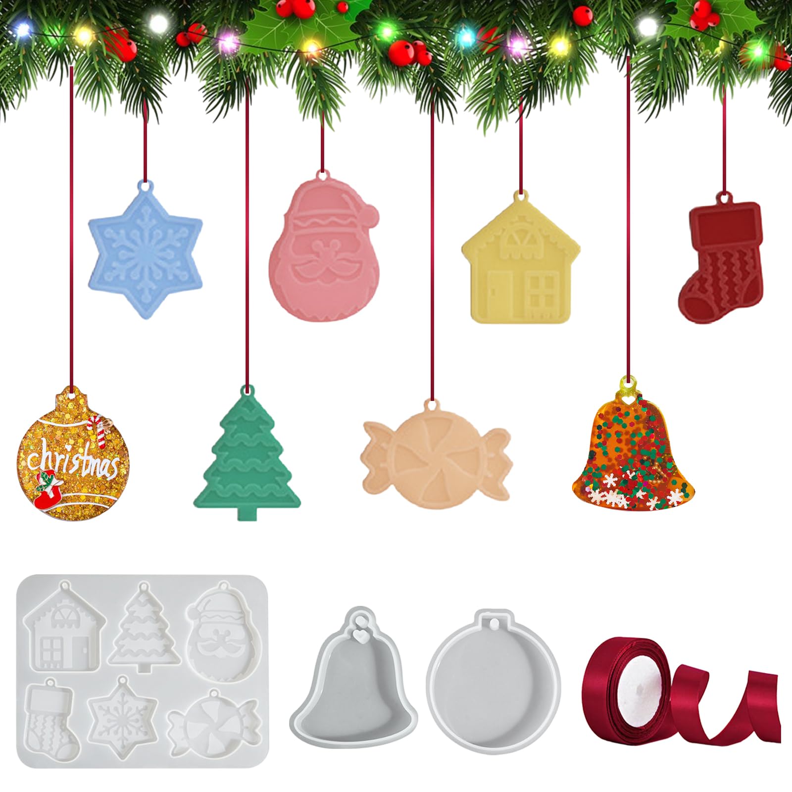 DAVBNM 3 PCS Christmas Resin Moulds, Pendant Molds with Hanging Hole Crafts Casting Mold DIY Silicone Pendant Mold for Christmas Tree Keychain Home Decor Crafts Gifts
