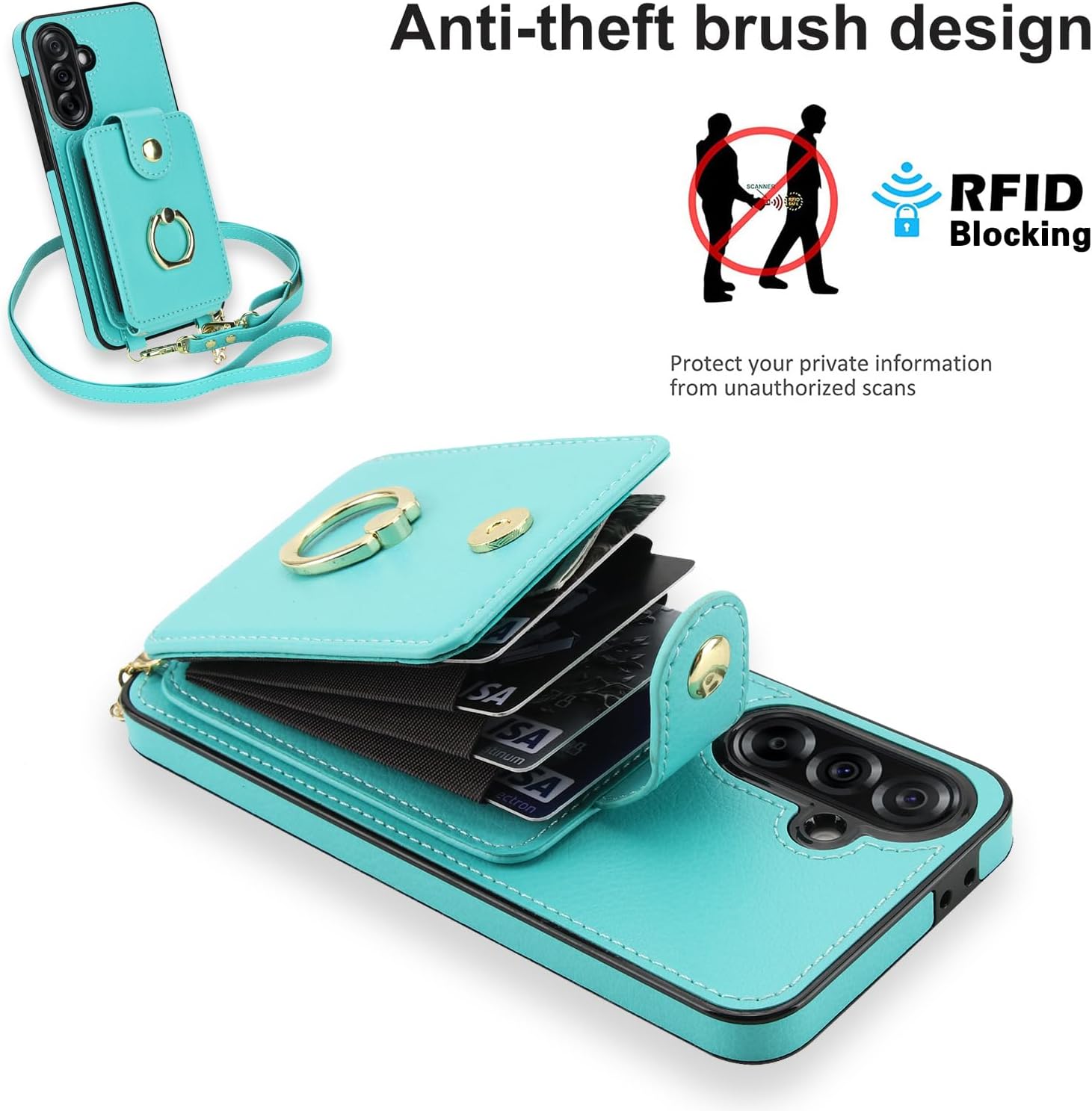 Asuwish Phone Case for Samsung Galaxy A36 5G Wallet Cover Detachable and Screen Protector Ring Kickstand Crossbody Lanyard Strap Compatible with MagSafe RFID Blocking A 36 36A LTE for Women Men Teal