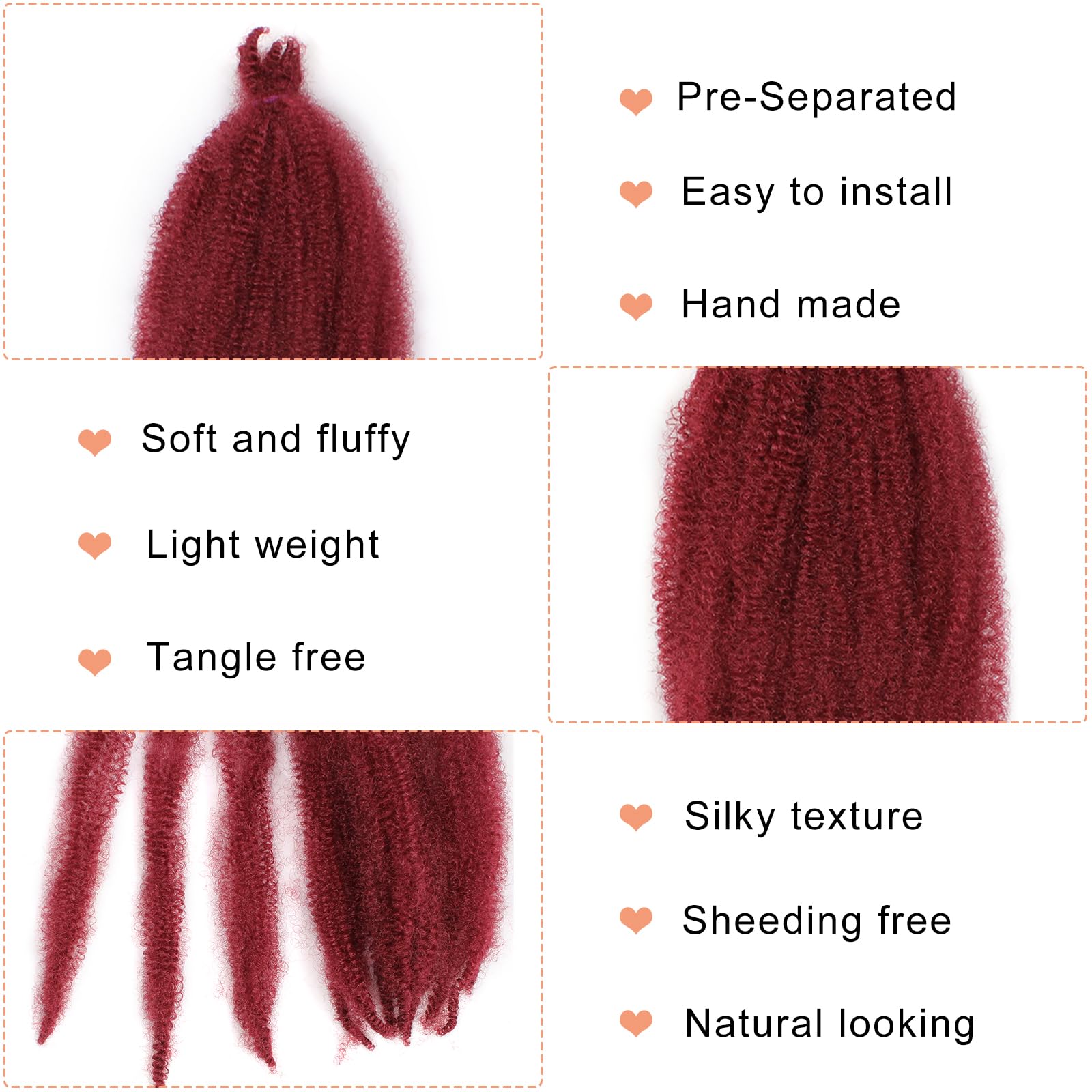 Mscat 12 Inch Pre-Separated Springy Afro Twist Hair 8 Packs Bungundy Marley Twist Crochet Braiding Synthetic Hair Extensions (8 Strands/Pack,BUG#) - Image 3