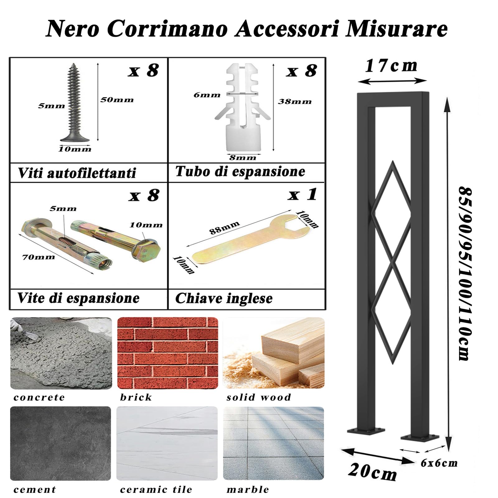 Ringhiera per Scale Interne, Corrimano Forma di U con Diamante Motivo Decorativa, Passamano in Ferro con Kit di Viti, Ringhiere per Soffitta, Corridoio, Esterni Gradini (75cm)