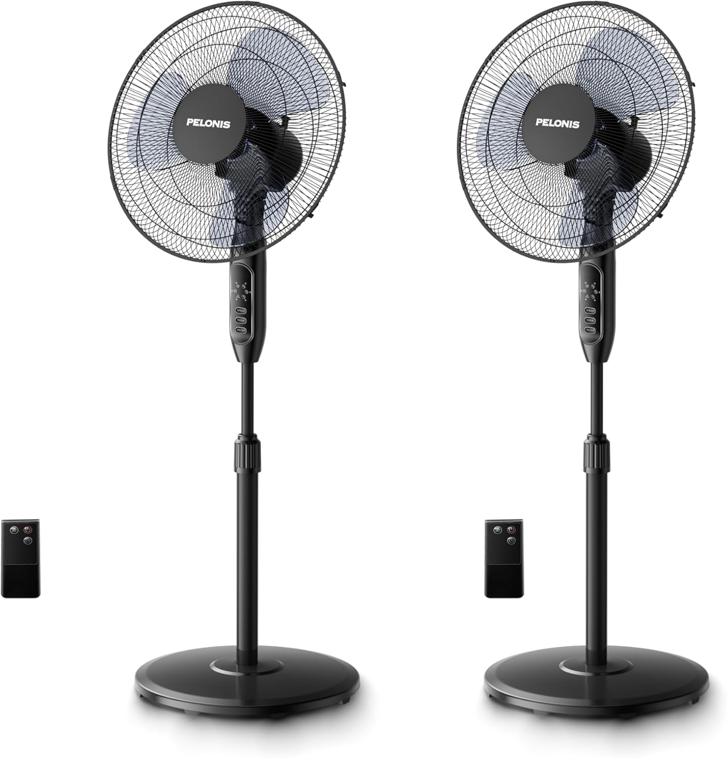 Two PELONIS 16-inch oscillating pedestal fans with remote controls.