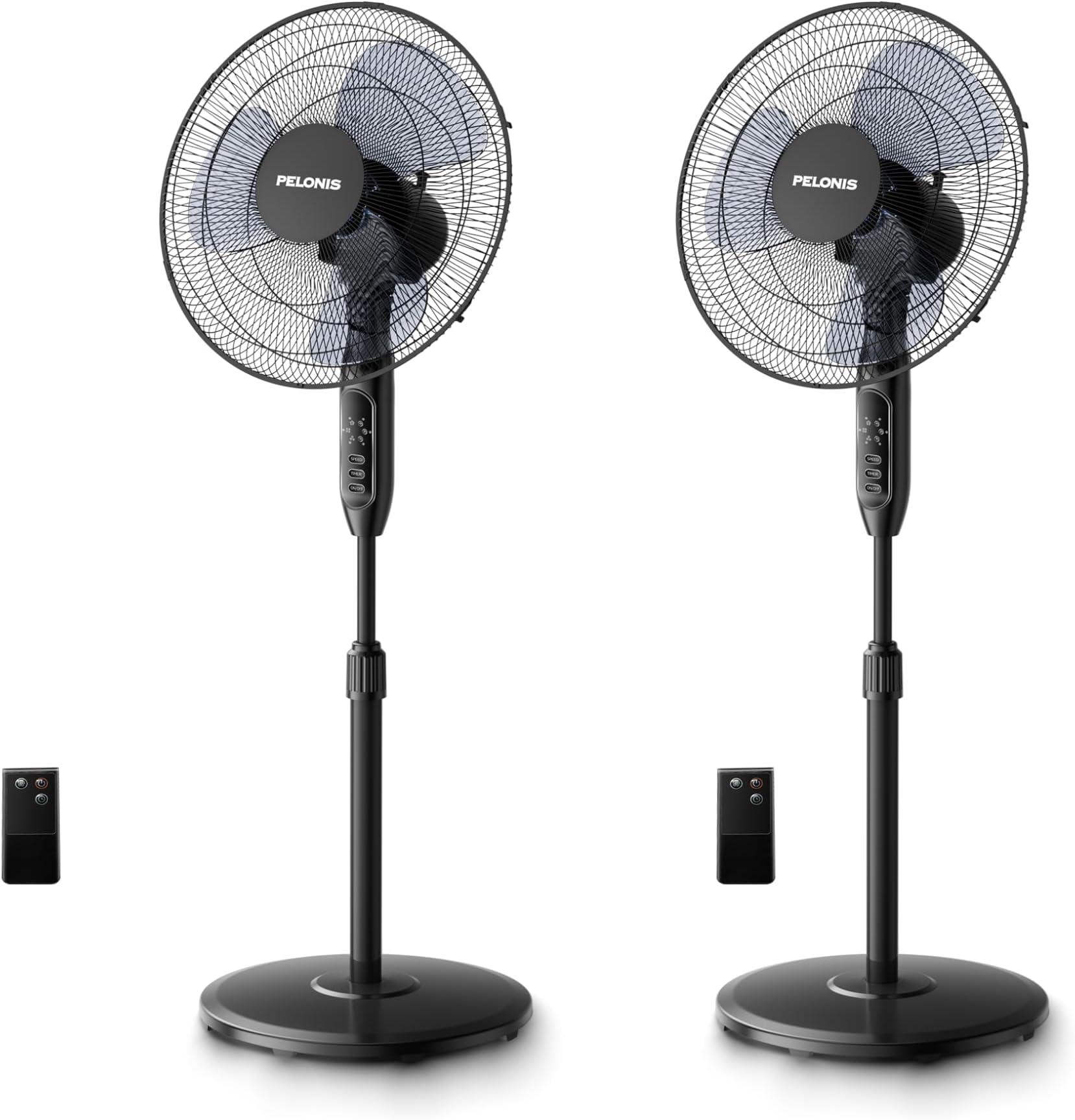PELONIS 16'' Oscillating Pedestal Standing Fan with Remote Control 2 Packs, 3 Speeds Settings 7H Timer Ultra Quiet Adjustable Heights for Bedroom, Living Room, Home and Office